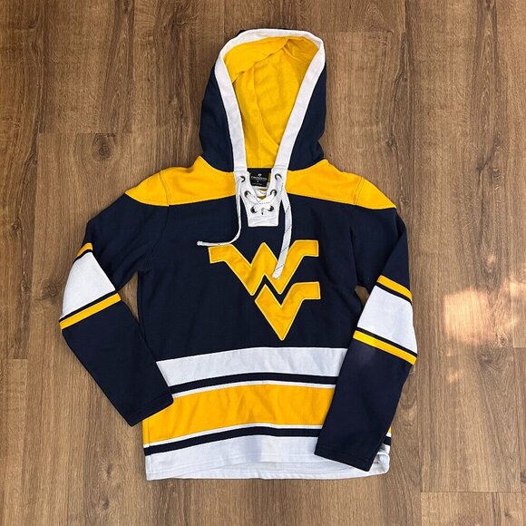 Colosseum Navy West Virginia Mountaineers Striped Lace-Up Pullover Hoodie Sz S - Picture 3 of 9